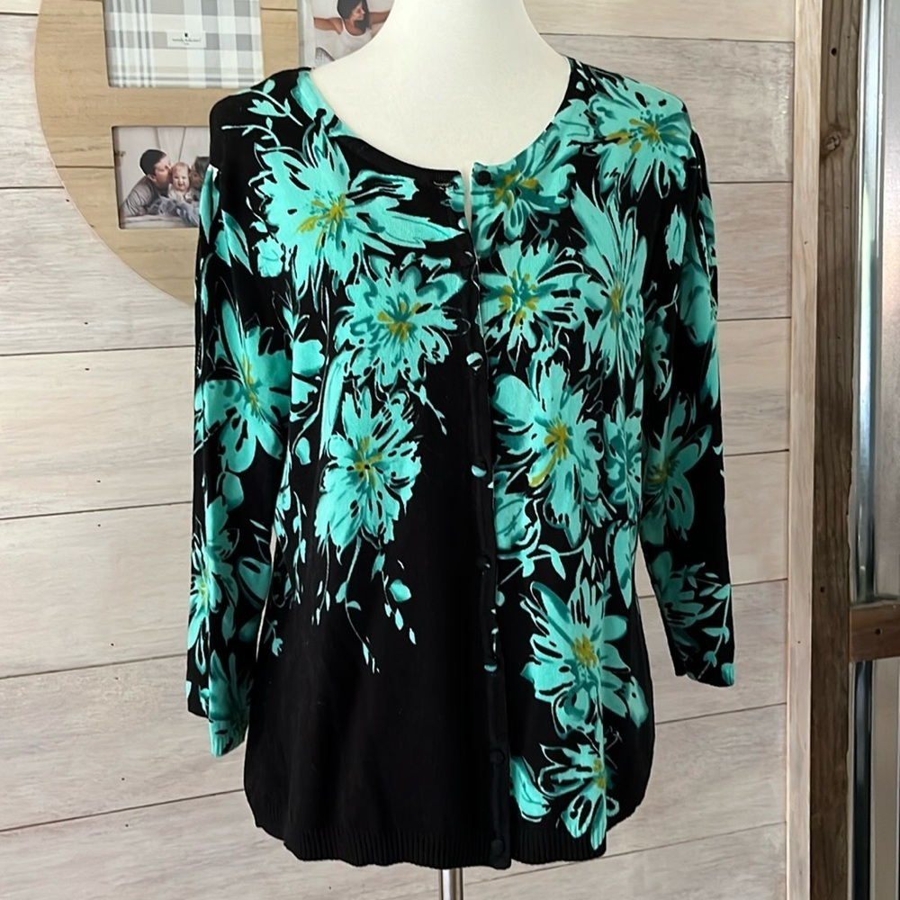 Elementz Black Green Flower Button Sweater XL